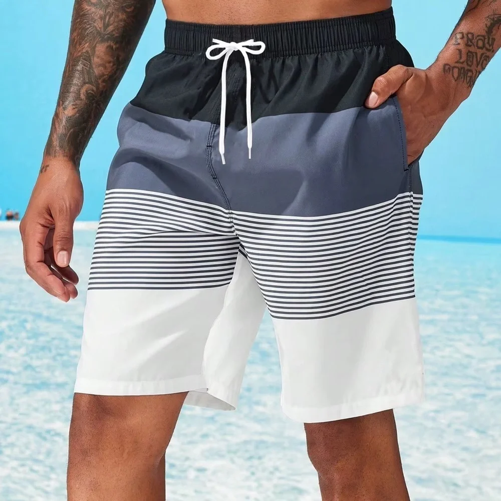 🆕 MANIFINITY Men's Navy and White Striped Seim Shorts Size XXL